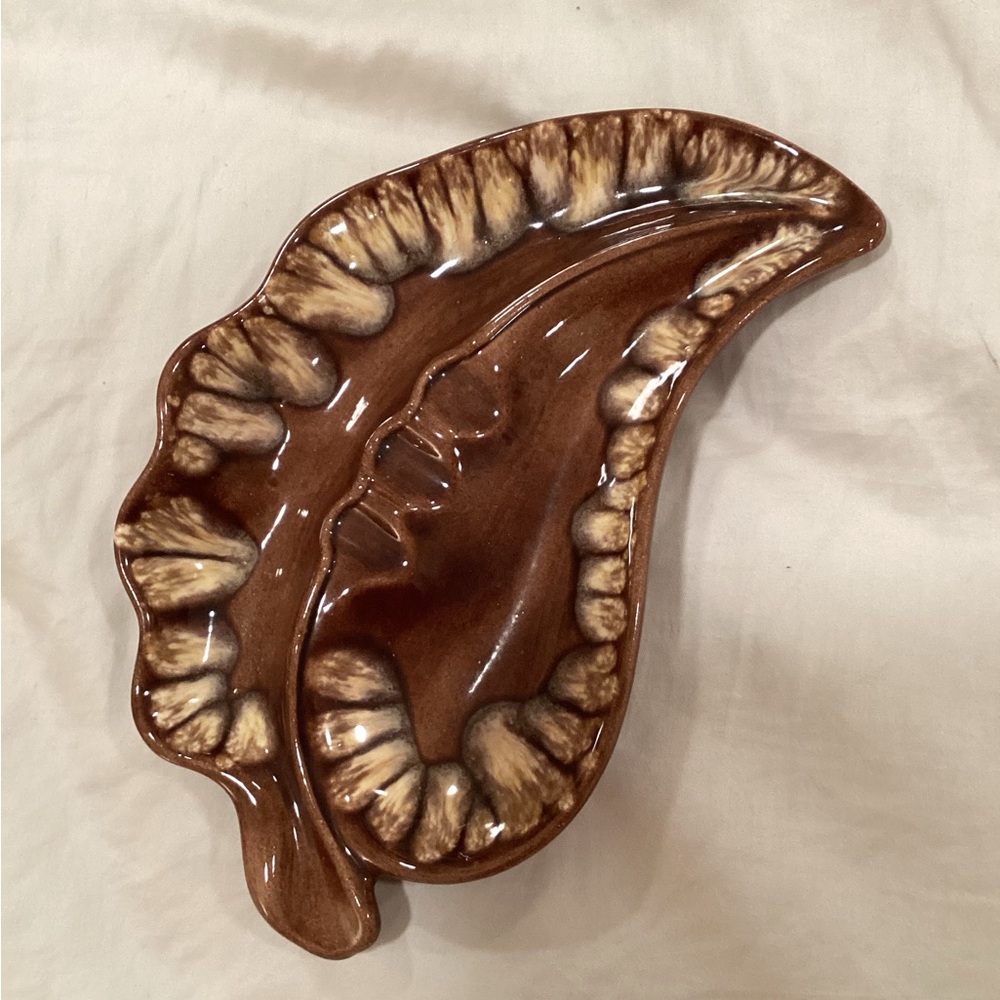 1950s signed, drip pottery ashtray, leaf pattern, shades of brown VINTAGE